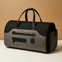 Convertible garment duffle bag for men with backpack straps, water-resistant material, and wrinkle-free suit compartment for travel and gym use.