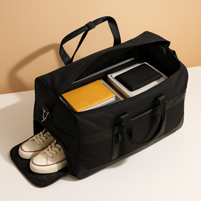 Convertible garment duffle bag for men with backpack straps, water-resistant material, and wrinkle-free suit compartment for travel and gym use.