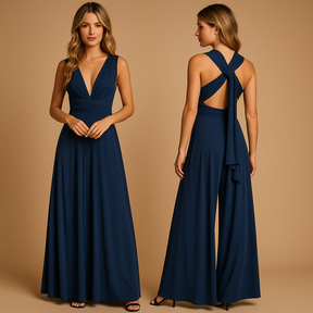 Convertible wrap dress for women with extra-long straps and pleated waist, wearable in 20+ styles—perfect for weddings, parties, and formal occasions.