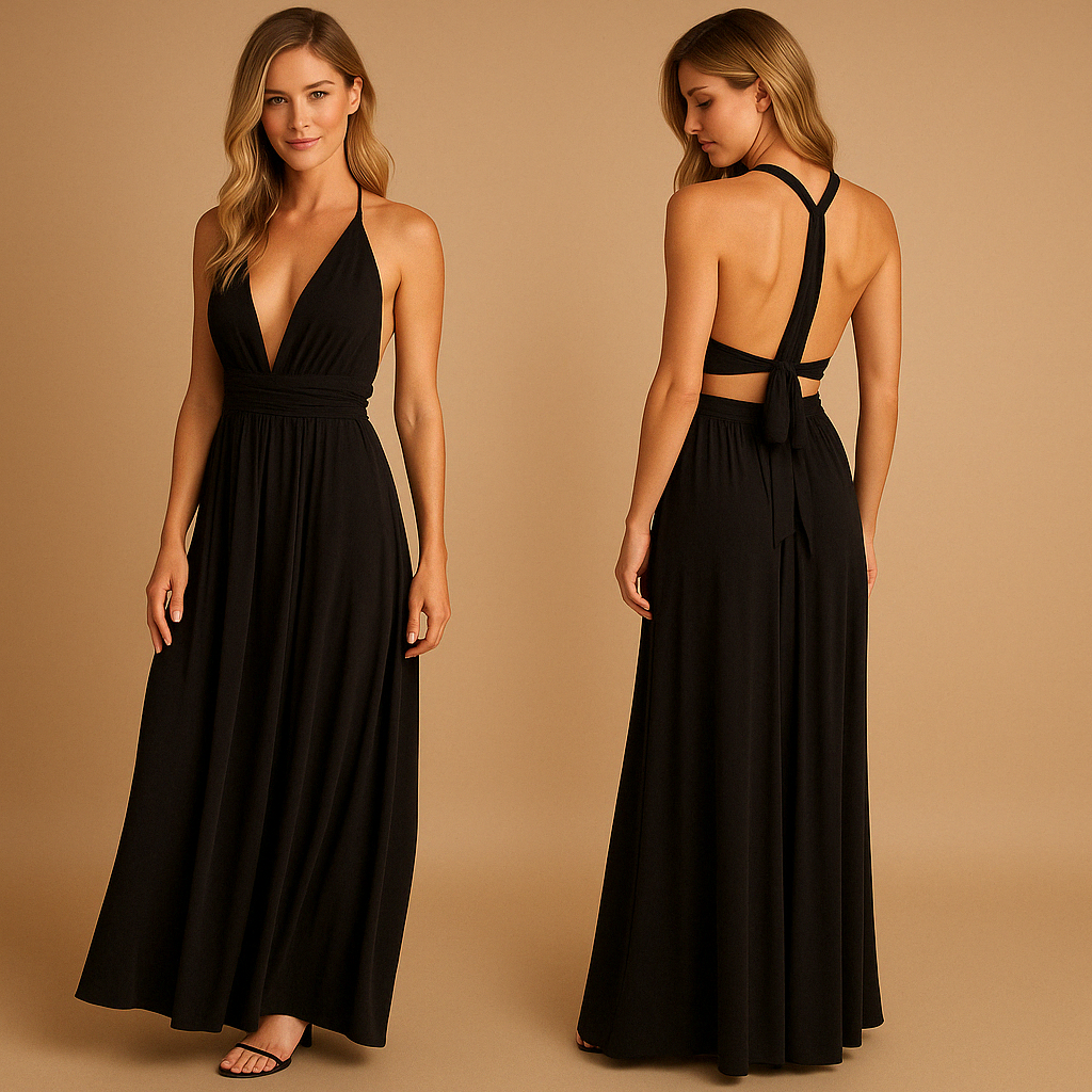 Convertible wrap dress for women with extra-long straps and pleated waist, wearable in 20+ styles—perfect for weddings, parties, and formal occasions.