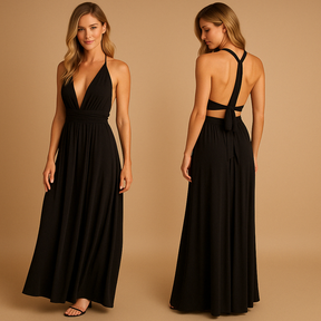 Convertible wrap dress for women with extra-long straps and pleated waist, wearable in 20+ styles—perfect for weddings, parties, and formal occasions.