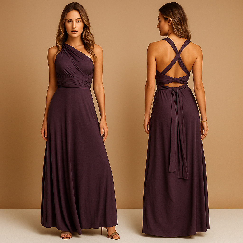 Convertible wrap dress for women with extra-long straps and pleated waist, wearable in 20+ styles—perfect for weddings, parties, and formal occasions.