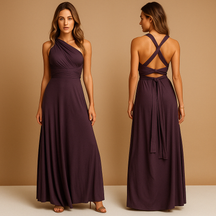Convertible wrap dress for women with extra-long straps and pleated waist, wearable in 20+ styles—perfect for weddings, parties, and formal occasions.