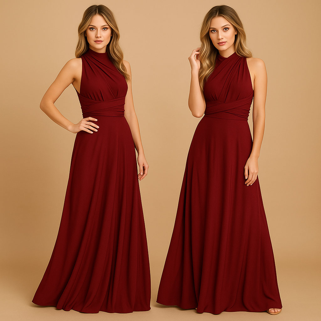 Convertible wrap dress for women with extra-long straps and pleated waist, wearable in 20+ styles—perfect for weddings, parties, and formal occasions.