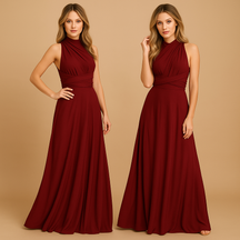 Convertible wrap dress for women with extra-long straps and pleated waist, wearable in 20+ styles—perfect for weddings, parties, and formal occasions.