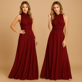 Convertible wrap dress for women with extra-long straps and pleated waist, wearable in 20+ styles—perfect for weddings, parties, and formal occasions.