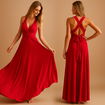 Convertible wrap dress for women with extra-long straps and pleated waist, wearable in 20+ styles—perfect for weddings, parties, and formal occasions.