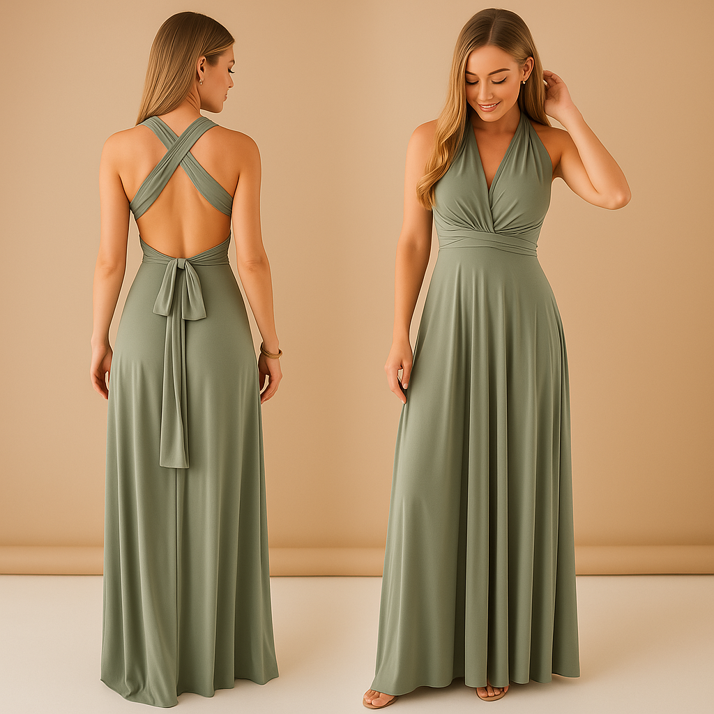 Convertible wrap dress for women with extra-long straps and pleated waist, wearable in 20+ styles—perfect for weddings, parties, and formal occasions.