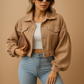 Cropped corduroy jacket for women with long sleeves, chest pockets, silver buttons, and classic collar in ribbed fabric.