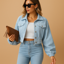 Cropped corduroy jacket for women with long sleeves, chest pockets, silver buttons, and classic collar in ribbed fabric.