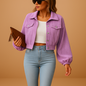 Cropped corduroy jacket for women with long sleeves, chest pockets, silver buttons, and classic collar in ribbed fabric.