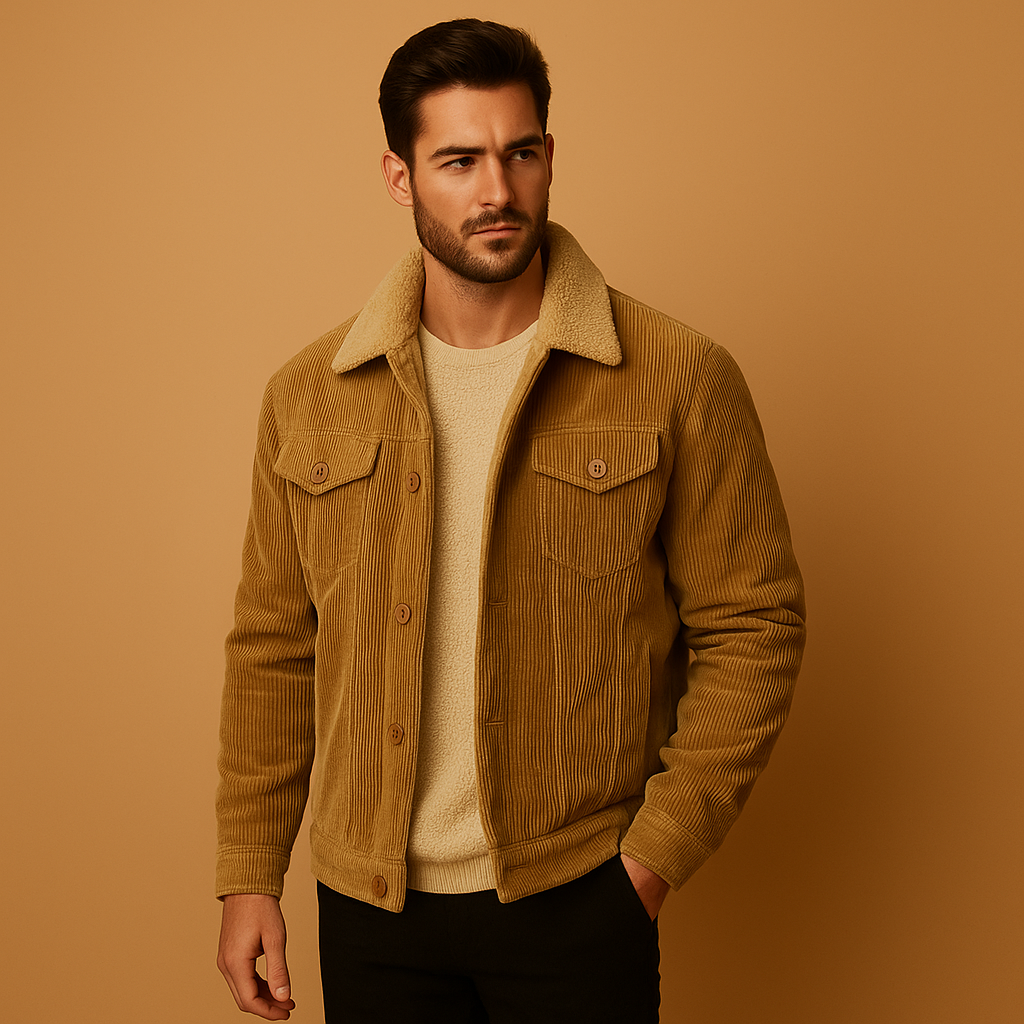 Men’s corduroy jacket with slim modern fit in khaki, coffee, green, or grey, ideal for stylish layering in casual and formal settings