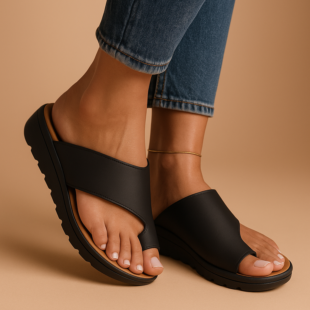 Women’s supportive corrective sandals with anatomically shaped footbed, adjustable straps, and open structure in beige, black, and light pink.