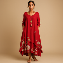 Women’s cotton A-line midi dress with minimalist design and flattering fit, ideal for office wear, casual looks, or formal occasions.