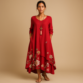 Women’s cotton A-line midi dress with minimalist design and flattering fit, ideal for office wear, casual looks, or formal occasions.