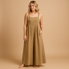 Women’s relaxed cotton dungaree jumpsuit with adjustable straps in various colours, ideal for summer, errands, and lounging in comfort