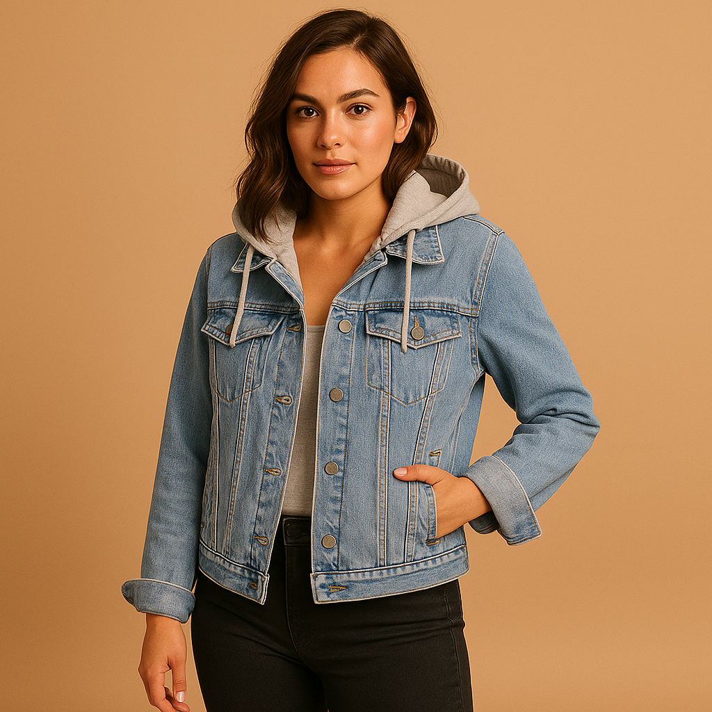 Women’s denim jacket with hood in light blue and dark blue, perfect for summer comfort and casual style