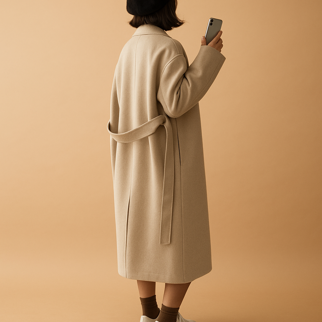 Elegant double-breasted trench coat for women in beige and brown, featuring a long fit, deep pockets, and winter-ready design