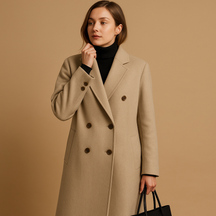 Elegant double-breasted trench coat for women in beige and brown, featuring a long fit, deep pockets, and winter-ready design