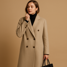 Elegant double-breasted trench coat for women in beige and brown, featuring a long fit, deep pockets, and winter-ready design