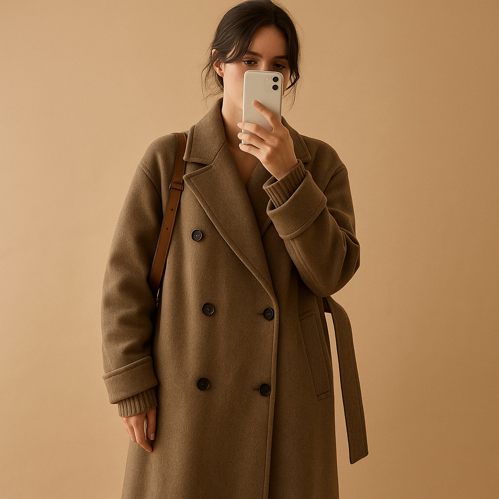 Elegant double-breasted trench coat for women in beige and brown, featuring a long fit, deep pockets, and winter-ready design