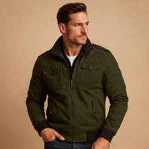 Men’s durable bomber jacket with tactical details, high collar, ribbed cuffs, and multiple pockets, perfect for everyday wear or outdoor activities.