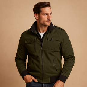 Men’s durable bomber jacket with tactical details, high collar, ribbed cuffs, and multiple pockets, perfect for everyday wear or outdoor activities.