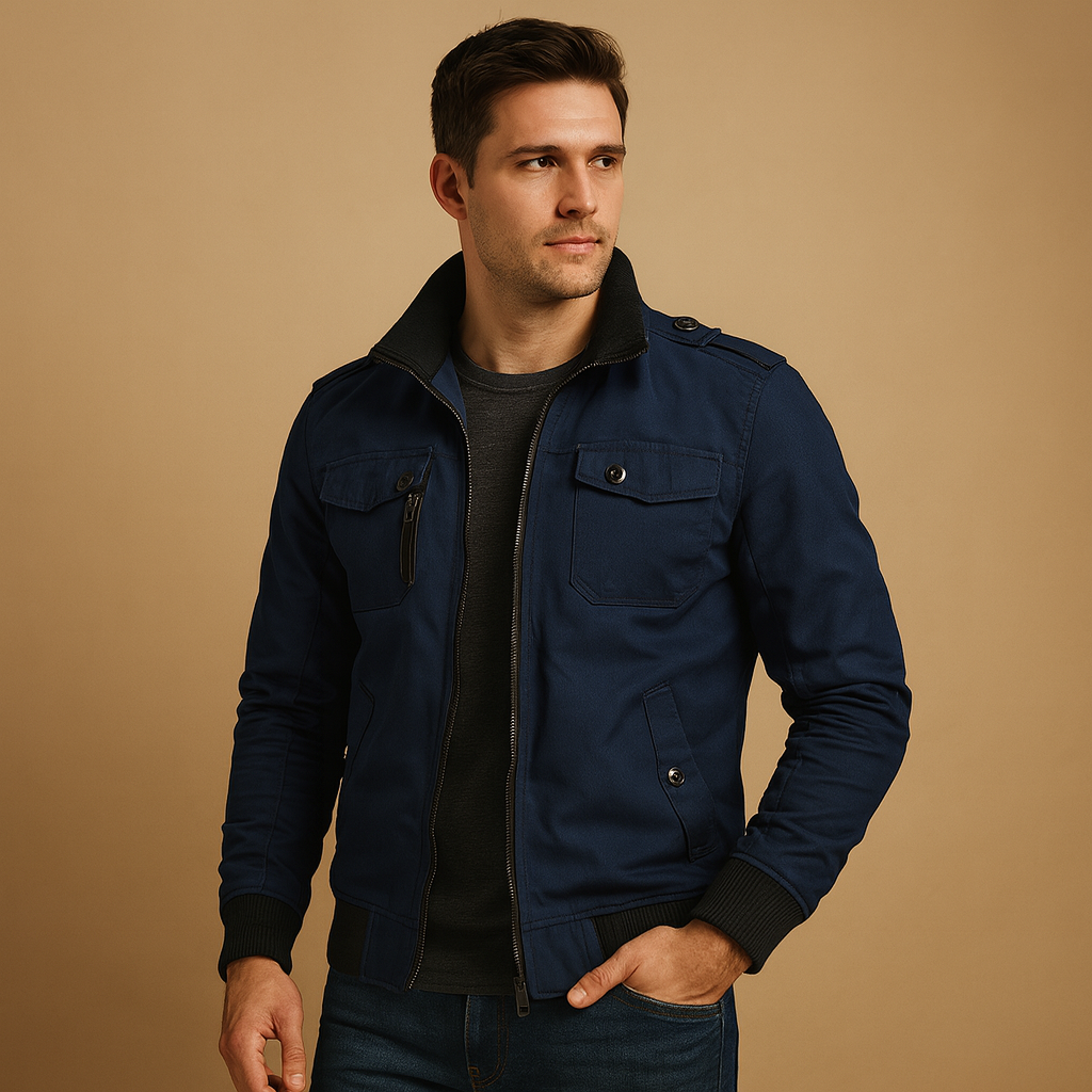 Men’s durable bomber jacket with tactical details, high collar, ribbed cuffs, and multiple pockets, perfect for everyday wear or outdoor activities.