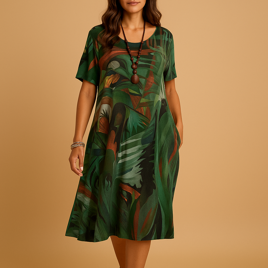 Elegant 3D print midi dress for women with hand-painted artistic pattern, perfect for stylish events and everyday wear.