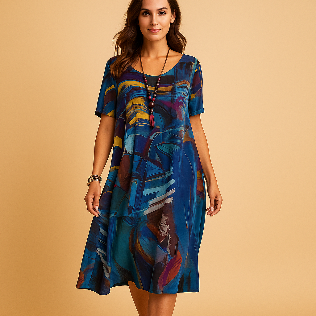 Elegant 3D print midi dress for women with hand-painted artistic pattern, perfect for stylish events and everyday wear.