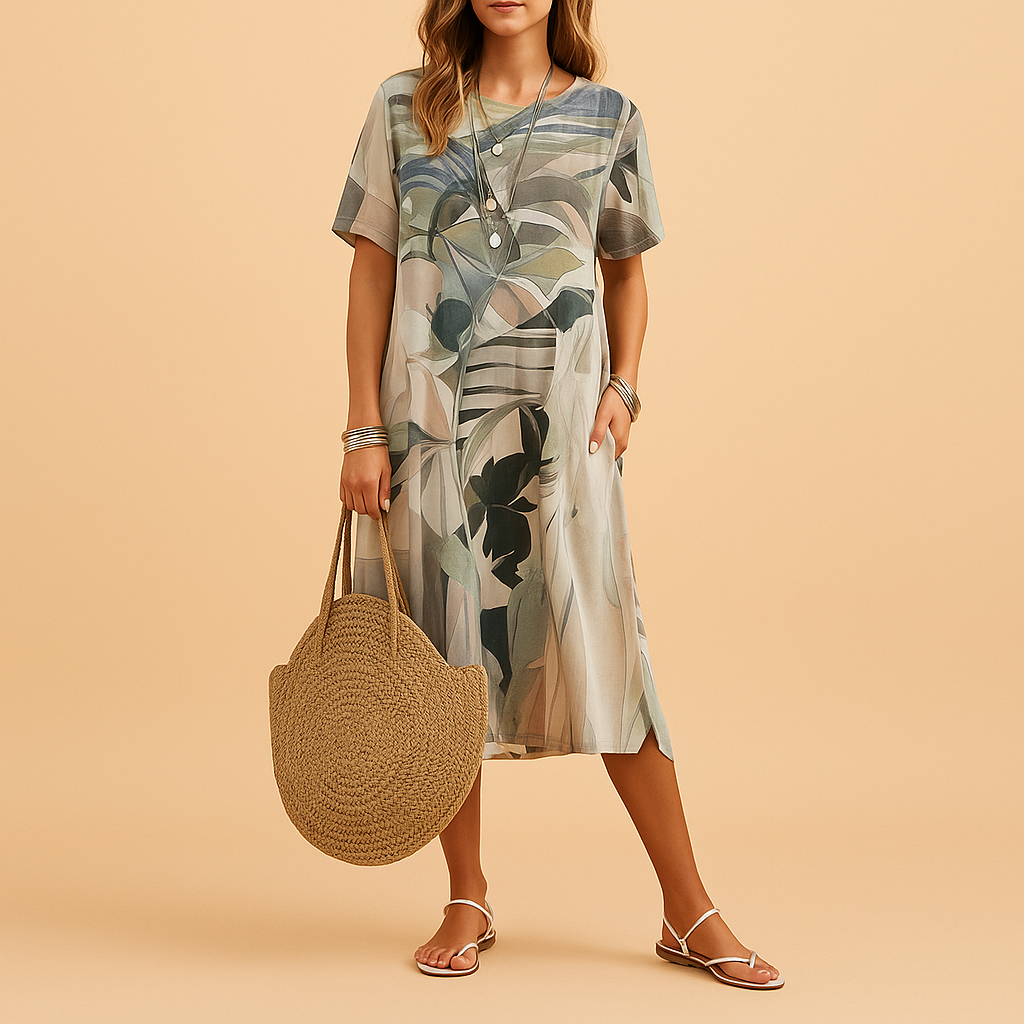 Elegant 3D print midi dress for women with hand-painted artistic pattern, perfect for stylish events and everyday wear.