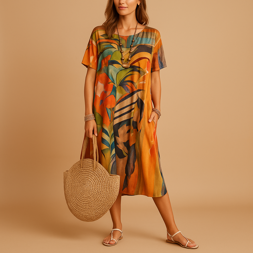 Elegant 3D print midi dress for women with hand-painted artistic pattern, perfect for stylish events and everyday wear.