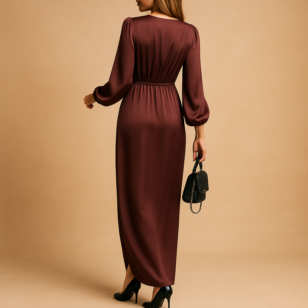 Elegant bordeaux A-line midi dress for women with puff sleeves and V-neck, ideal for formal occasions and dinner parties.