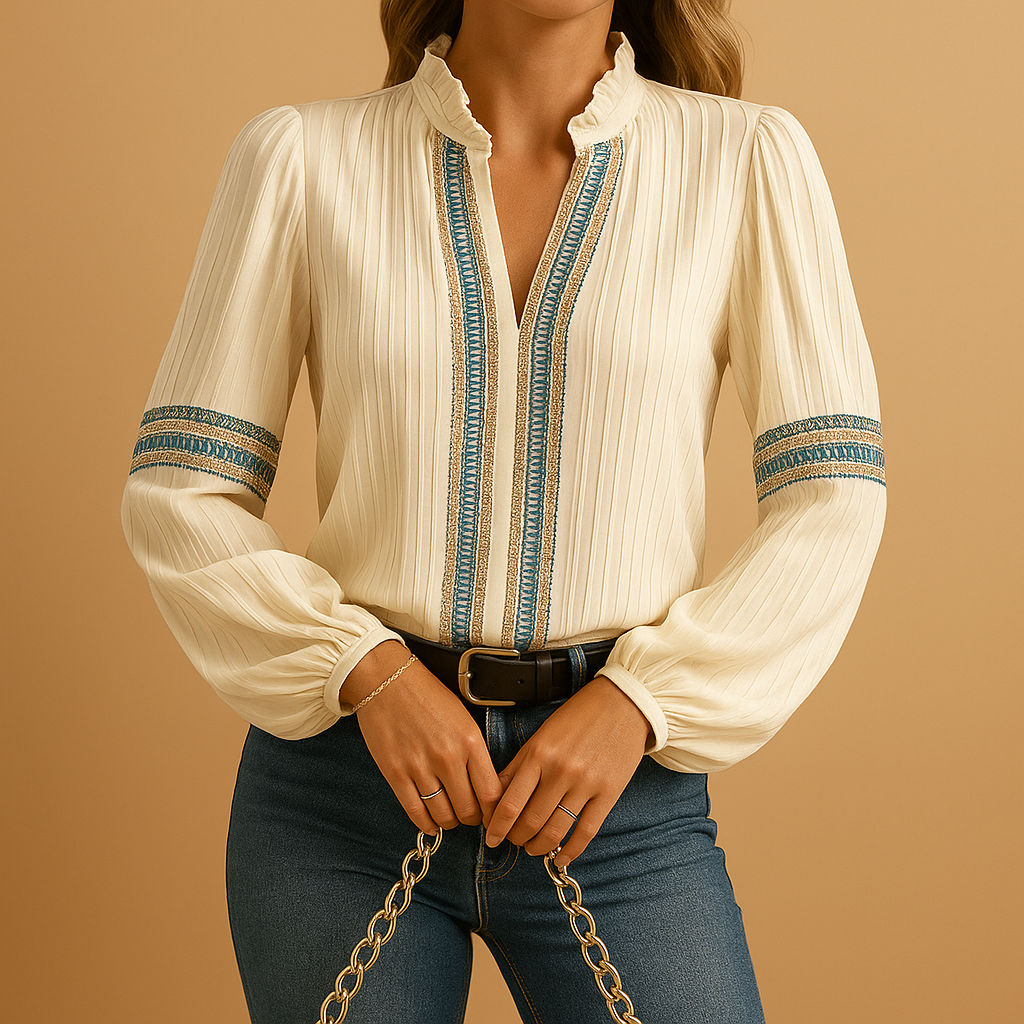Elegant women’s blouse with lace patchwork and lantern sleeves, ideal for office outfits, evening occasions, or relaxed stylish days.