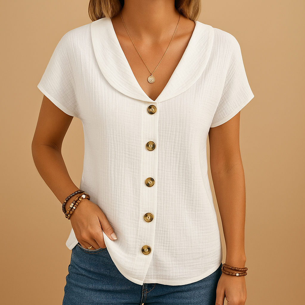 Elegant blouse for women in white, blue, or pink with breathable cotton-linen fabric, perfect for semi-formal and casual outfits.