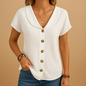 Elegant blouse for women in white, blue, or pink with breathable cotton-linen fabric, perfect for semi-formal and casual outfits.
