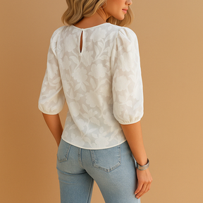 Women’s elegant floral blouse top with refined print, perfect for casual and formal wear in white, pink, apricot, blue and black.
