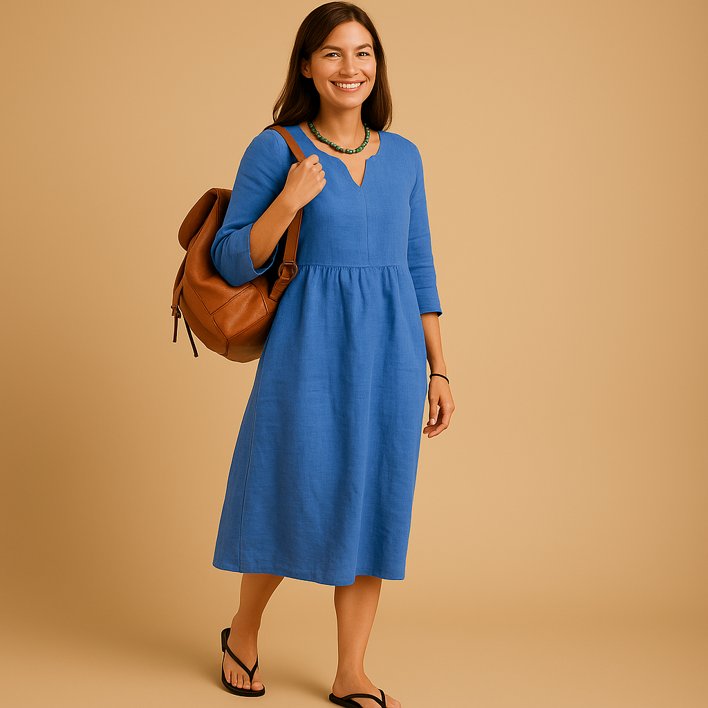 Elegant high-waisted midi dress with V-neck and half sleeves for women, perfect for formal events or casual outings.
