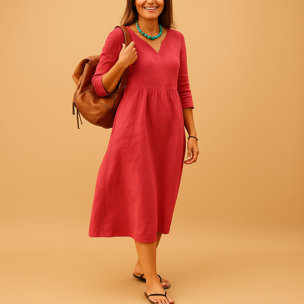 Elegant high-waisted midi dress with V-neck and half sleeves for women, perfect for formal events or casual outings.
