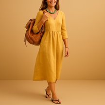 Elegant high-waisted midi dress with V-neck and half sleeves for women, perfect for formal events or casual outings.