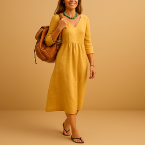 Elegant high-waisted midi dress with V-neck and half sleeves for women, perfect for formal events or casual outings.