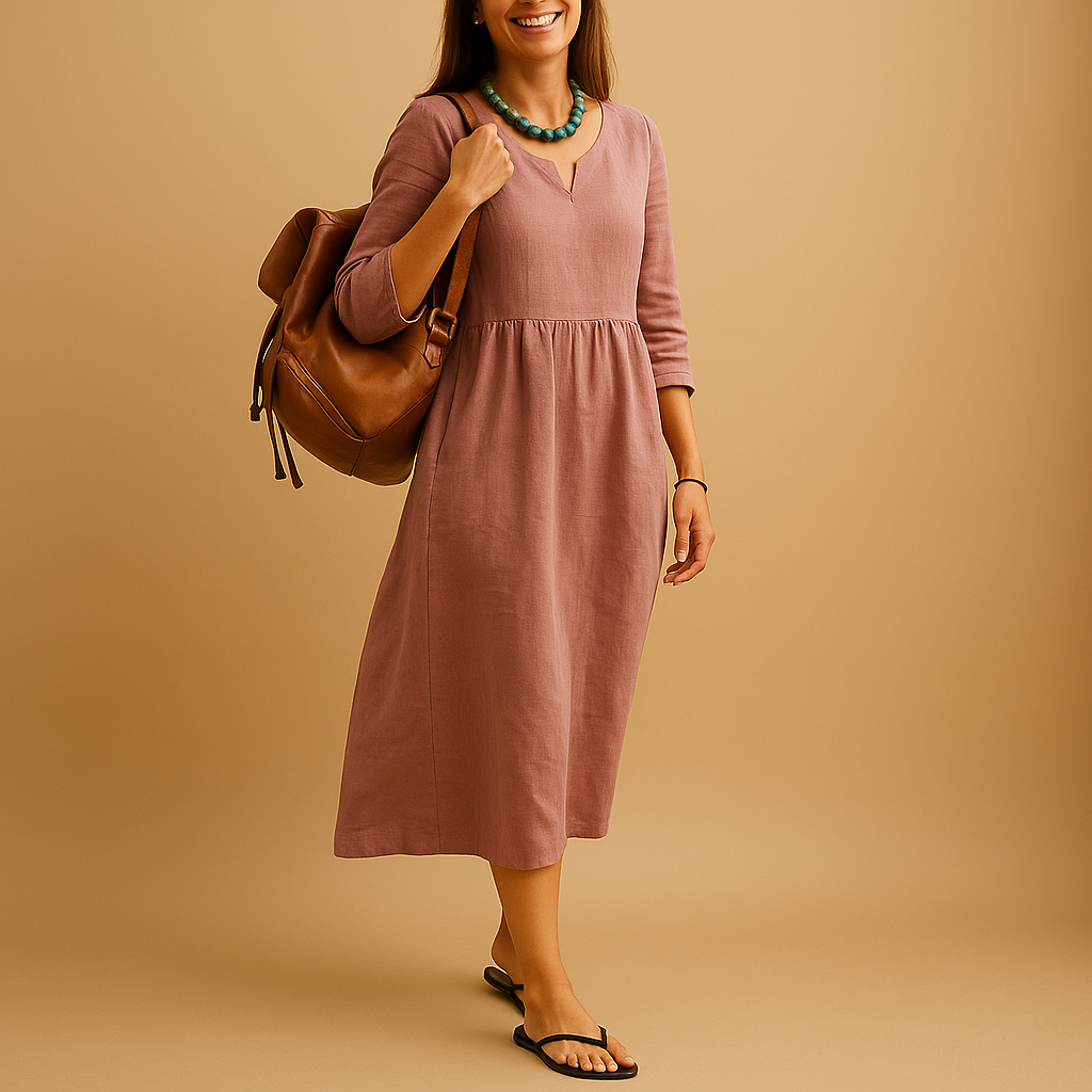 Elegant high-waisted midi dress with V-neck and half sleeves for women, perfect for formal events or casual outings.