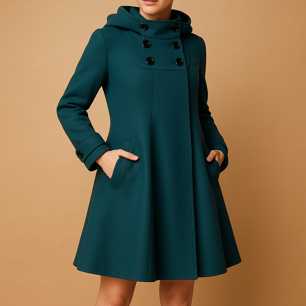 Elegant hooded winter coat for women with warm lining and tailored fit, ideal for formal looks and everyday winter wear.
