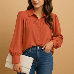 Elegant lantern sleeve blouse for women in solid colors with gathered sleeves, ideal for daily wear or work outfits.