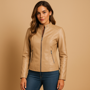 Elegant women’s PU leather jacket with zip and snap-button collar, perfect for transitional seasons like spring and autumn