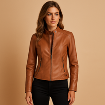 Elegant women’s PU leather jacket with zip and snap-button collar, perfect for transitional seasons like spring and autumn