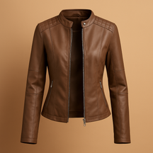 Elegant women’s PU leather jacket with zip and snap-button collar, perfect for transitional seasons like spring and autumn