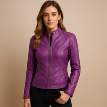 Elegant women’s PU leather jacket with zip and snap-button collar, perfect for transitional seasons like spring and autumn