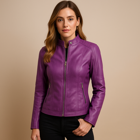 Elegant women’s PU leather jacket with zip and snap-button collar, perfect for transitional seasons like spring and autumn