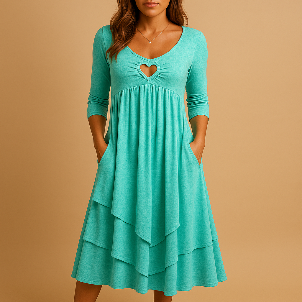 Elegant long A-line dress for women with O-neckline, long sleeves, pockets, and subtle ruffles – ideal for daily wear, work, or formal occasions.